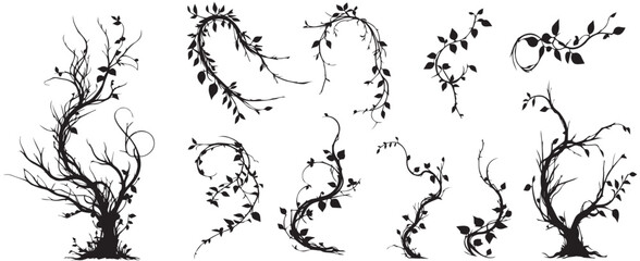 Jungle creeper silhouettes. Tropical forest lianas, rainforest hanging sprouts. Climbing liana vines flat set vector illustration