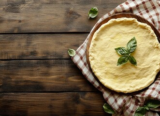 Top view of pizza dough with cheese and basil on a checkered tablecloth on a wooden background, with copy space for the concept of Italian food or pizzeria service,