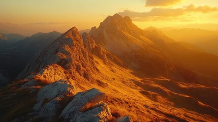 Fototapeta premium Mountain peaks, close-up of rugged mountain tops, golden light creating depth