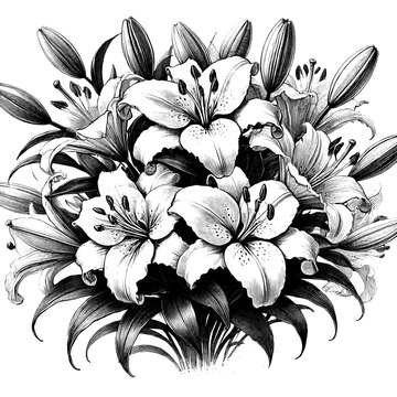 a bouquet of lilies, sketch engraving black and white