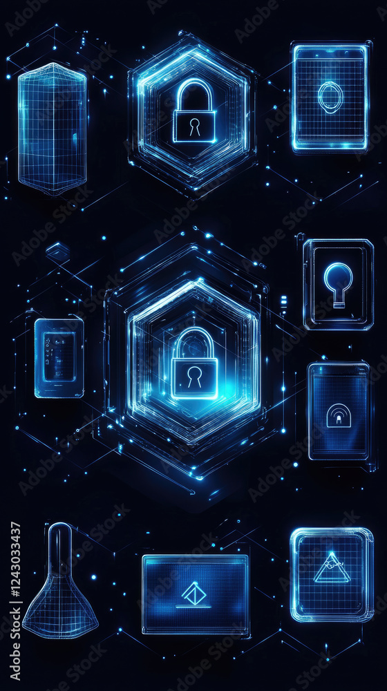 Poster a glowing digital padlock in a dark environment symbolizes cybersecurity and data protection ideal f