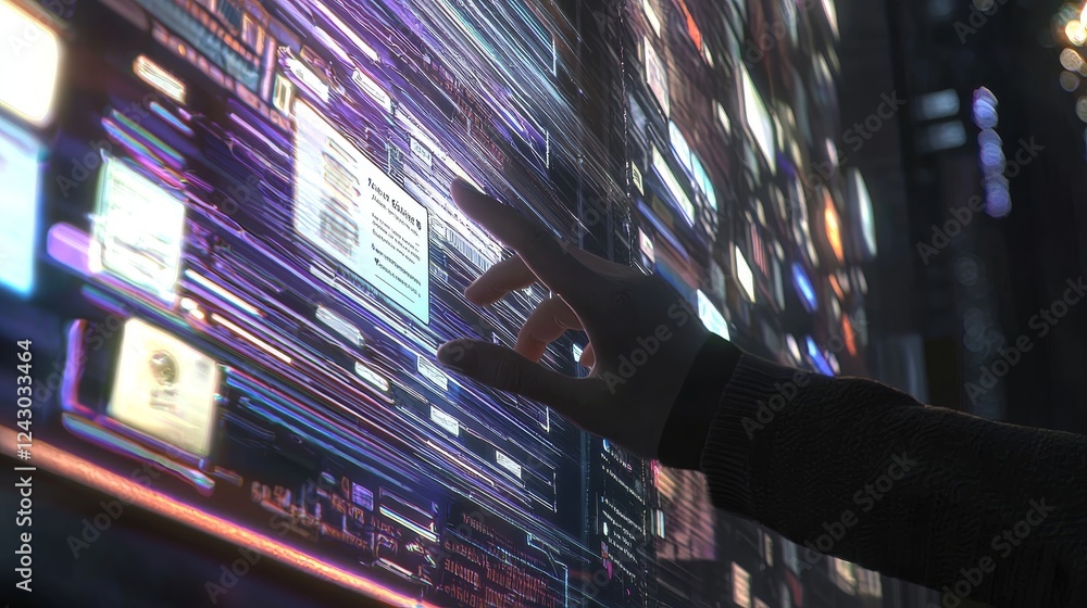 Poster chat interface displayed on a virtual screen, person interacting with it.