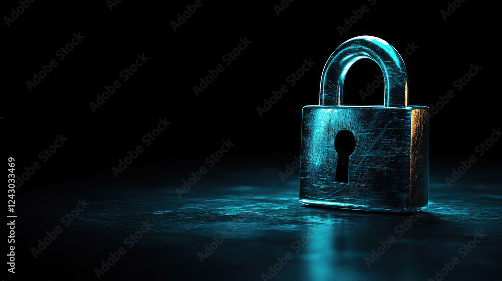Poster a glowing digital padlock in a dark environment symbolizes cybersecurity and data protection ideal f