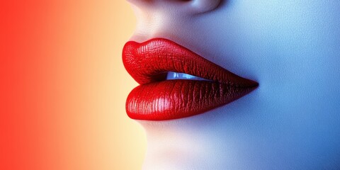 Luscious red lips are highlighted against a striking gradient background, emphasizing the beauty of cosmetic design. The close-up focuses on texture and color vibrancy