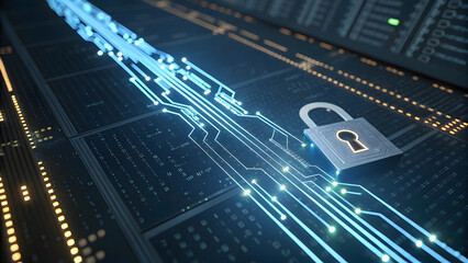 Digital Security Concept with Lock and Data Flow Background