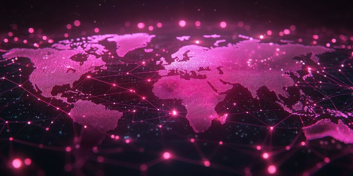 A detailed representation of a world map highlighted in pink hues, showcasing interconnected network lines and nodes. The visual emphasizes global connectivity and technology