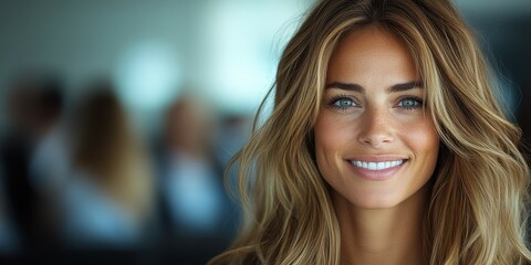 Obraz premium A woman with flowing hair and captivating blue eyes smiles warmly at the camera. She is surrounded by a blurred background of people engaged in conversation at a social event