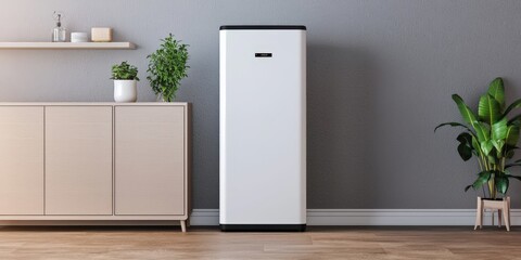 battery storage sustainability management concept. Modern kitchen with a white refrigerator and minimalistic decor.