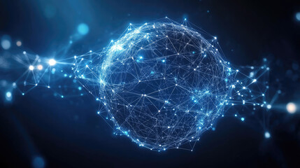 Abstract representation of a blue sci-fi Earth connected by intricate lines and particles showcases the global technology network and the interplay of artificial intelligence in cybersecurity