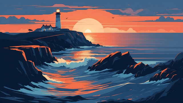 vector-style landscape of a rugged coastal lighthouse under a dramatic sunset sky