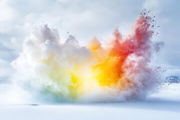 explosive powder photography capturing vibrant rainbow colors against pure white background, frozen in dynamic cloud formations