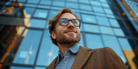 A young man stands confidently outdoors, wearing stylish glasses and a brown coat, near a sleek glass building that reflects the city skyline, showcasing a bright day