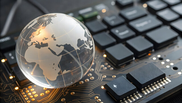 Glass Globe on Computer Keyboard with Circuit Board Background