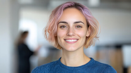 Fototapeta premium Colorful hair businesswoman wearing blue smart-casual smiling at office activity