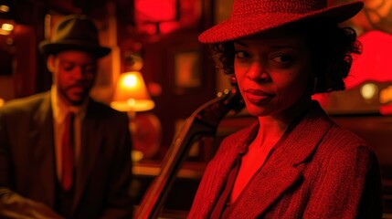 Obraz premium Woman in red hat in dimly lit jazz club with musician.