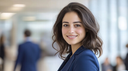 Obraz premium Brunette businesswoman wearing blue smart-casual smiling at office activity
