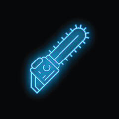 Glowing neon line chainsaw icon isolated on black background. Vector illustration