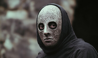 Intricate Ceremonial Mask with Hooded Attire Evoking Mystical and Enigmatic Presence in Cultural Ritual Setting