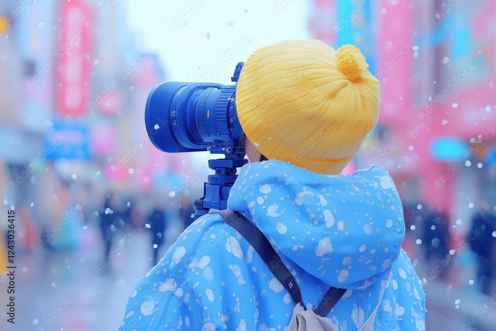 Poster a person with a yellow beanie and blue jacket is photographing in a snowy urban setting. the backgro
