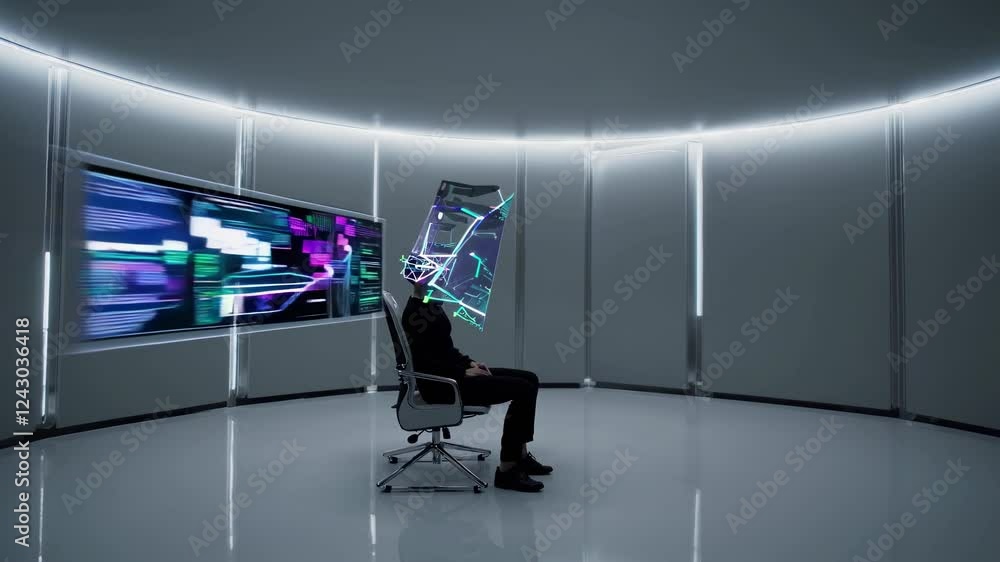 Poster futuristic control room with advanced technology and digital displays in a minimalist design