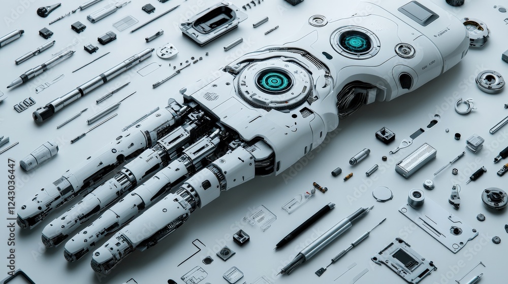 Poster detailed view of a robotic hand surrounded by various mechanical components on a neutral background