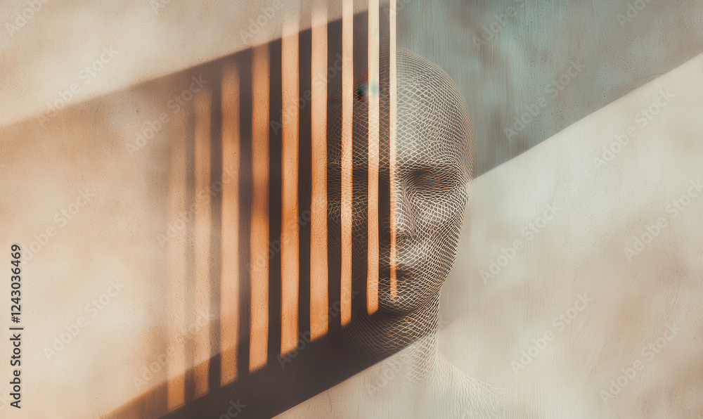 Poster exploring the intersection of light, shadow, and human form in an abstract representation of states 