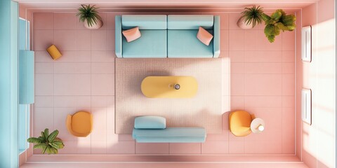 Pastel Living Room Top View Minimalist Design