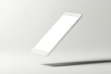 floating smartphone with clean white screen against pure white background, subtle shadows creating depth, minimalist tech presentation
