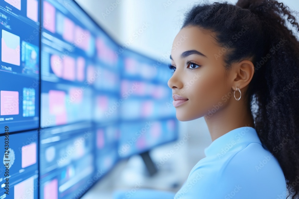 Poster a young woman with curly hair is focused on multiple computer screens displaying data and graphics. 