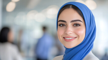 Arabian businesswoman wearing blue smart-casual smiling at office activity