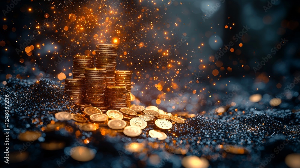 Poster golden cylinders on a sparkling surface, complemented by shimmering lights and bokeh effects, set a 