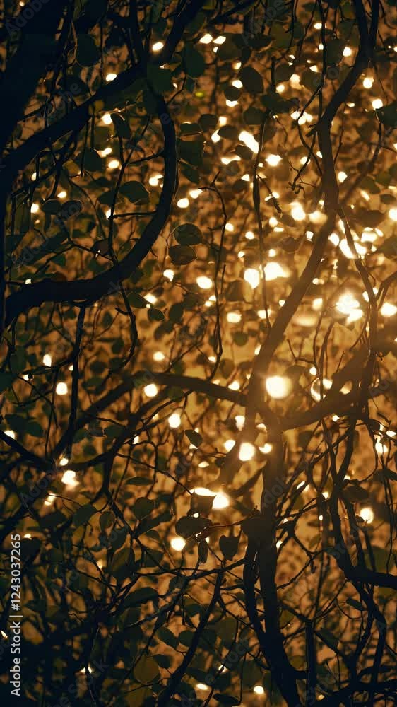 Poster a glowing golden light radiating through tree branches with floating firefly-like particles.
