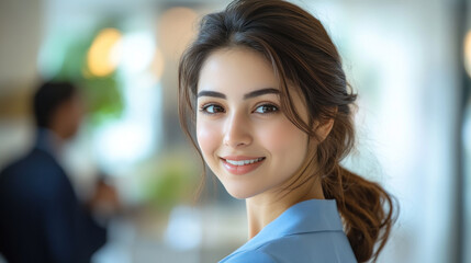 Naklejka premium Pakistani businesswoman wearing blue smart-casual smiling at office activity