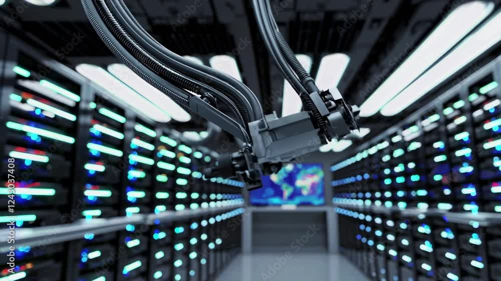 Poster exploring a modern data center with advanced technology and networking systems