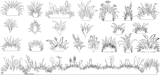 Plant elevation line silhouettes outline - grass, shrub, tree set