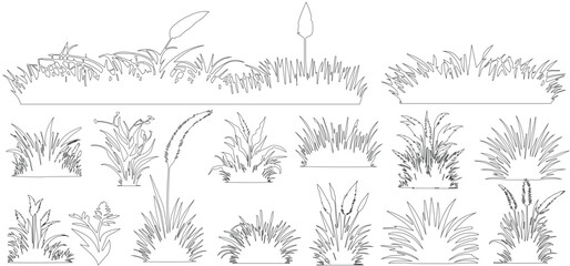 Plant elevation line silhouettes outline - grass, shrub, tree set vector illustration © shahzad