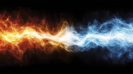 Electric Blue and Fiery Orange Abstract Flowing Ribbon Waves with Luminous Highlights Black Backdrop