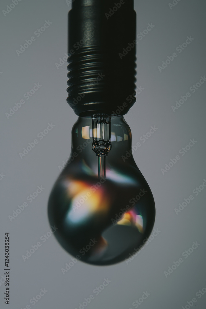 Poster Artistic Close-Up of a Modern Lightbulb Capturing the Play of Reflected Colors and Structured Glow in a Technological Context