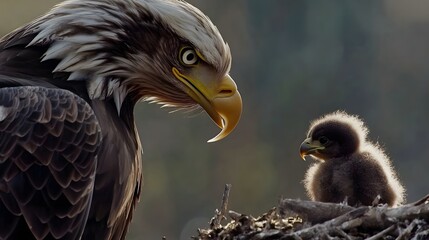 Fototapeta premium Majestic Bald Eagle and its Newborn Chick in Nest