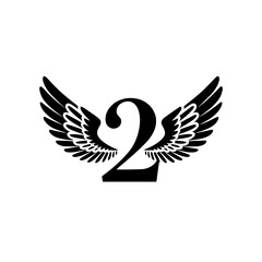 Obraz premium Winged Number 2 Black Logo Design, Black number 2 with symmetrical wings, creating a bold and stylish logo. Ideal for branding, aviation, teamwork, sports, or creative identity. 