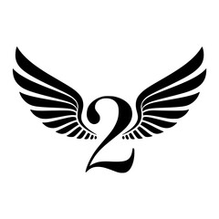 Obraz premium Winged Number 2 Black Logo Design, Black number 2 with symmetrical wings, creating a bold and stylish logo. Ideal for branding, aviation, teamwork, sports, or creative identity. 