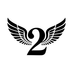 Obraz premium Winged Number 2 Black Logo Design, Black number 2 with symmetrical wings, creating a bold and stylish logo. Ideal for branding, aviation, teamwork, sports, or creative identity. 