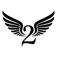 Naklejka premium Winged Number 2 Black Logo Design, Black number 2 with symmetrical wings, creating a bold and stylish logo. Ideal for branding, aviation, teamwork, sports, or creative identity. 