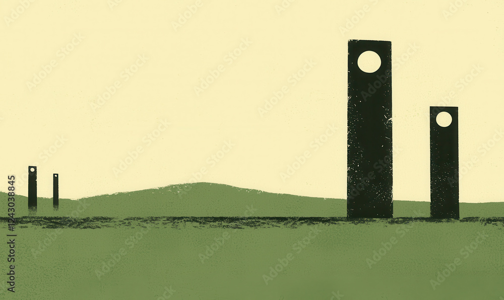 Poster abstract landscape with monolithic structures and minimalist composition evoking a sense of calm and