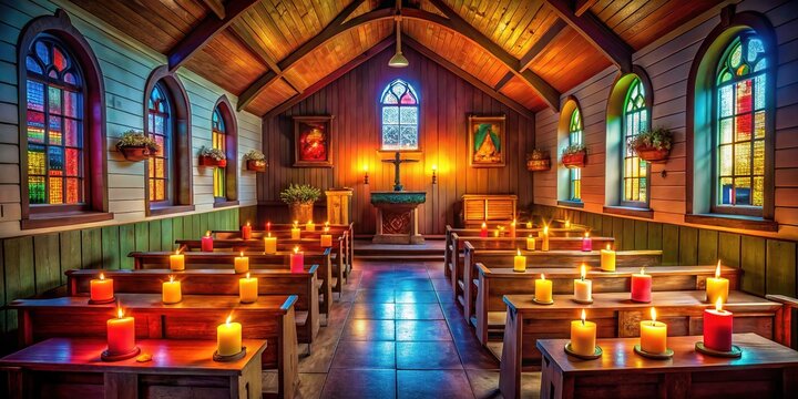 Candlelit Chapel with Wooden Pews