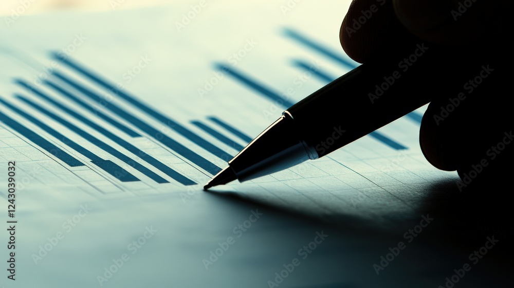 Poster close-up of a hand holding a pen over a document filled with blue data charts and graphs