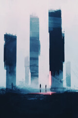 Futuristic Cityscape with Abstract Skyscrapers and Neon Lights: A Visionary Urban Landscape with Modern Architecture and Silhouette Figures in a Minimalist Digital Art Scene