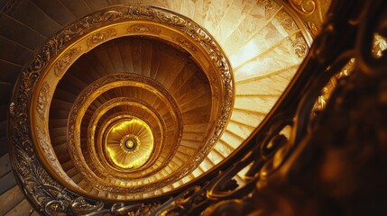 Elegant spiral staircase with ornate detailing and warm lighting.