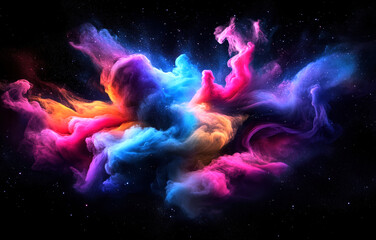 A stunning visualization of cosmic clouds, blending vibrant colors of pink, blue, and orange against a dark starry backdrop, evoking the mystery and beauty of the universe.