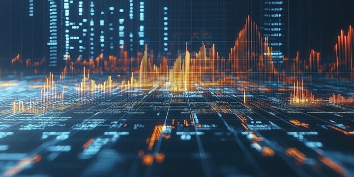 Complex data visualizations showcase financial analytics through rising and falling graphs, highlighting trends in a sophisticated digital interface